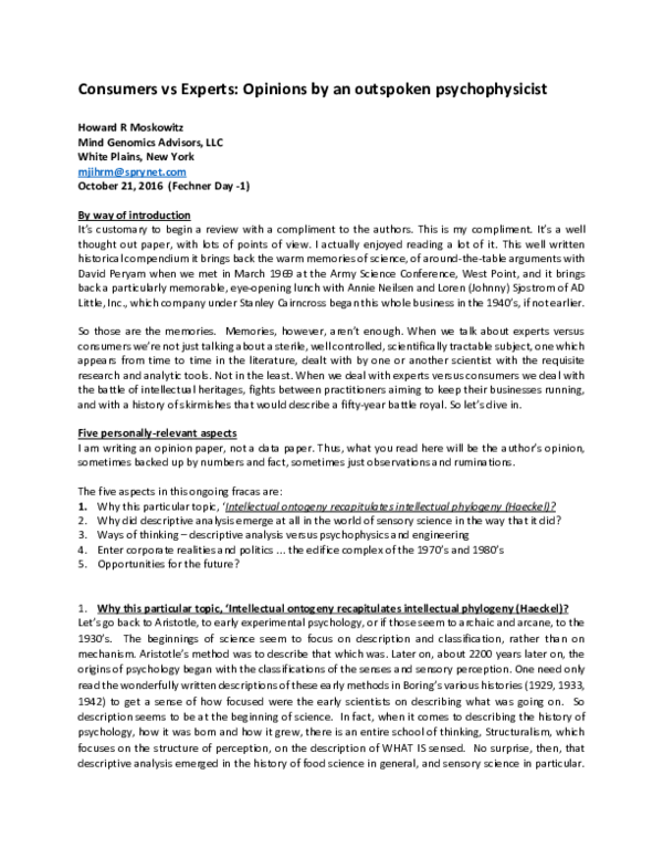 (PDF) Consumers vs Experts: Opinions by an outspoken psychophysicist