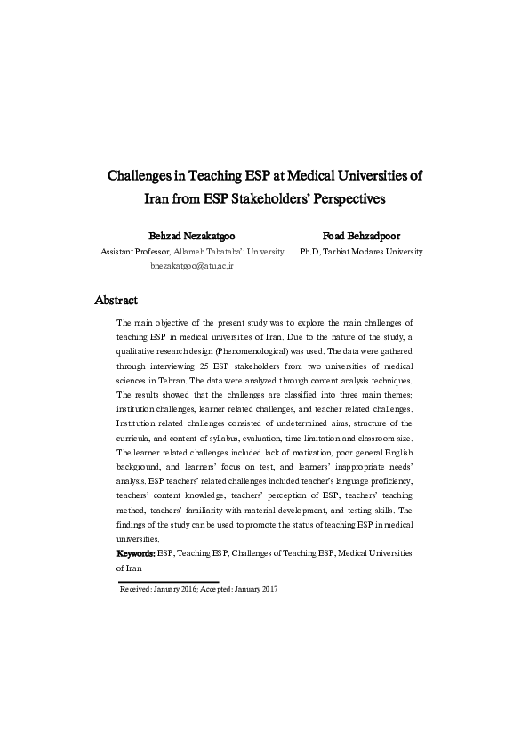 (PDF) Challenges in Teaching ESP at Medical Universities of Iran from ...