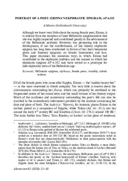 (PDF) PORTRAIT OF A POET: ERINNA'S EKPHRASTIC EPIGRAM, AP 6.352