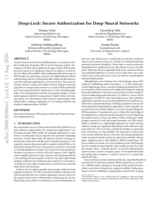 (PDF) Deep-Lock: Secure Authorization for Deep Neural Networks