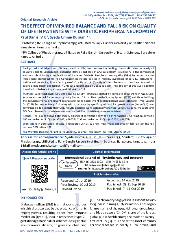 (PDF) The Effect of Impaired Balance and Fall Risk on Quality of Life ...