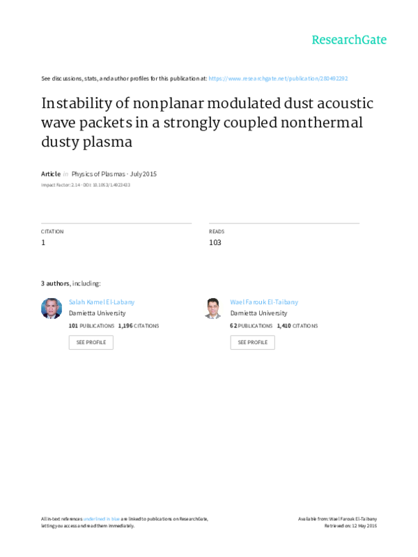 (PDF) Instability of nonplanar modulated dust acoustic wave packets in ...