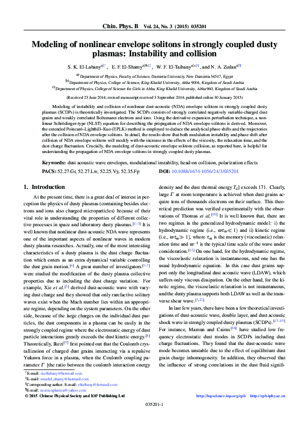 (PDF) Modeling of nonlinear envelope solitons in strongly coupled dusty ...