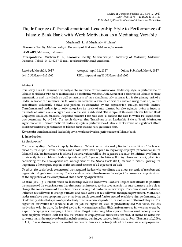 (PDF) The Influence of Transformational Leadership Style on Work ...