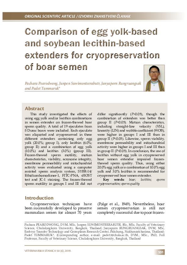 (PDF) Comparison of egg yolkbased and soybean lecithinbased extenders for cryopreservation of