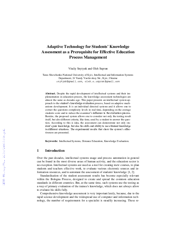 (PDF) Adaptive Technology for Students' Knowledge Assessment as a ...
