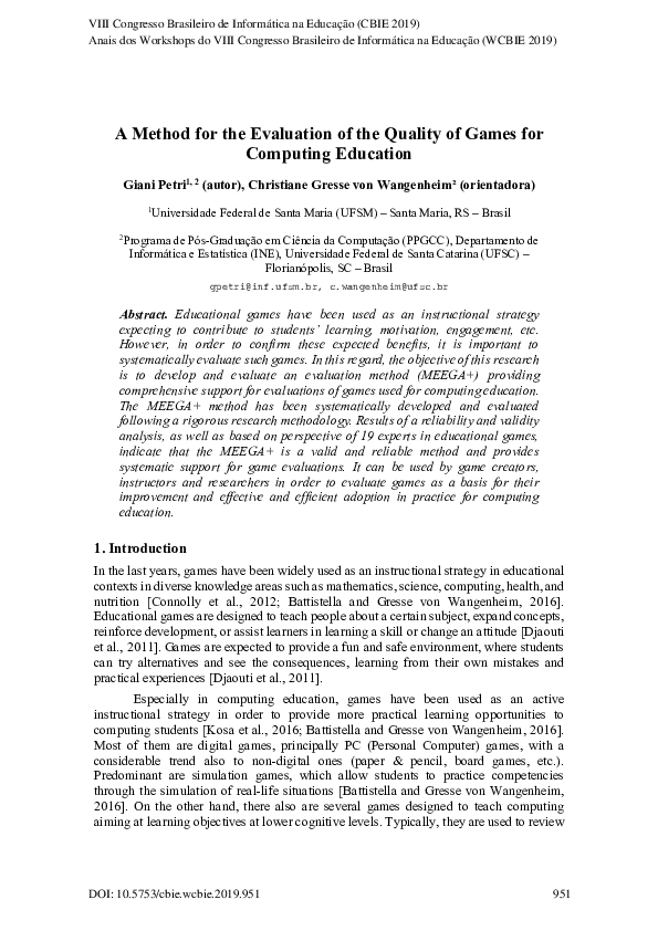 (PDF) A Method for the Evaluation of the Quality of Games for Computing ...