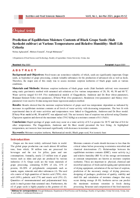 (PDF) Prediction of Equilibrium Moisture Contents of Black Grape Seeds ...