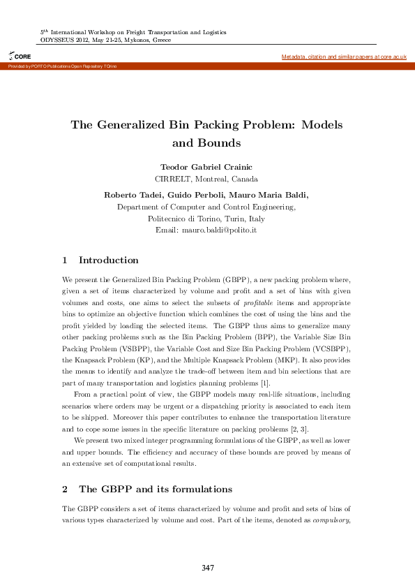 (PDF) The Generalized Bin Packing Problem Models and Bounds Theo