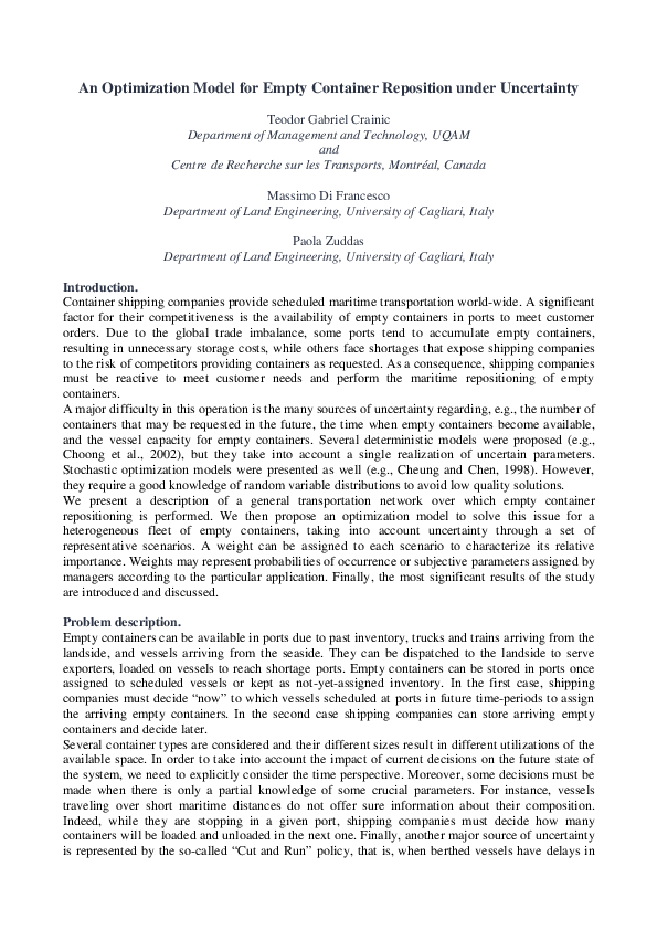(PDF) An Optimization Model for Empty Container Reposition under ...