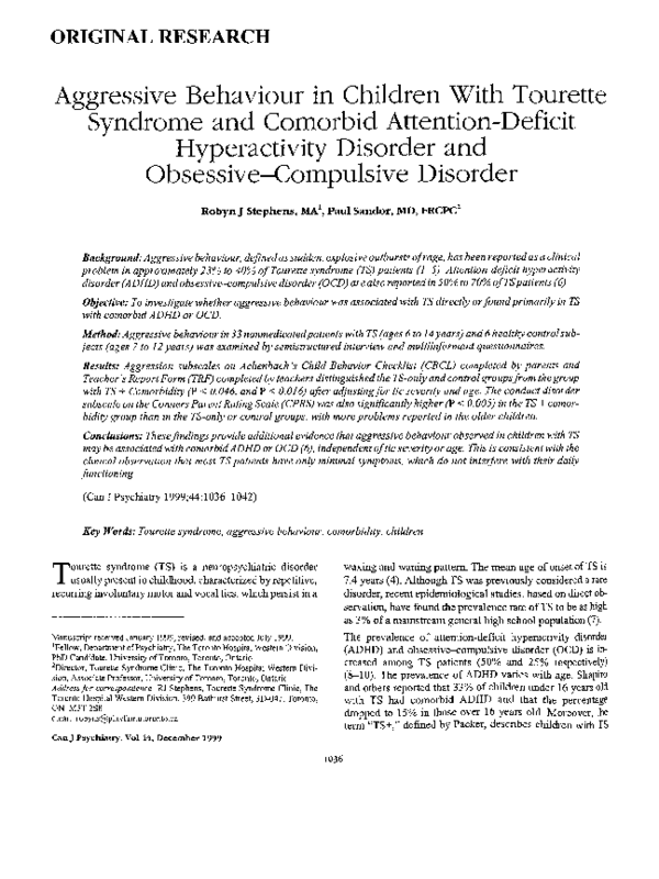 (PDF) Aggressive behaviour in children with Tourette syndrome and ...