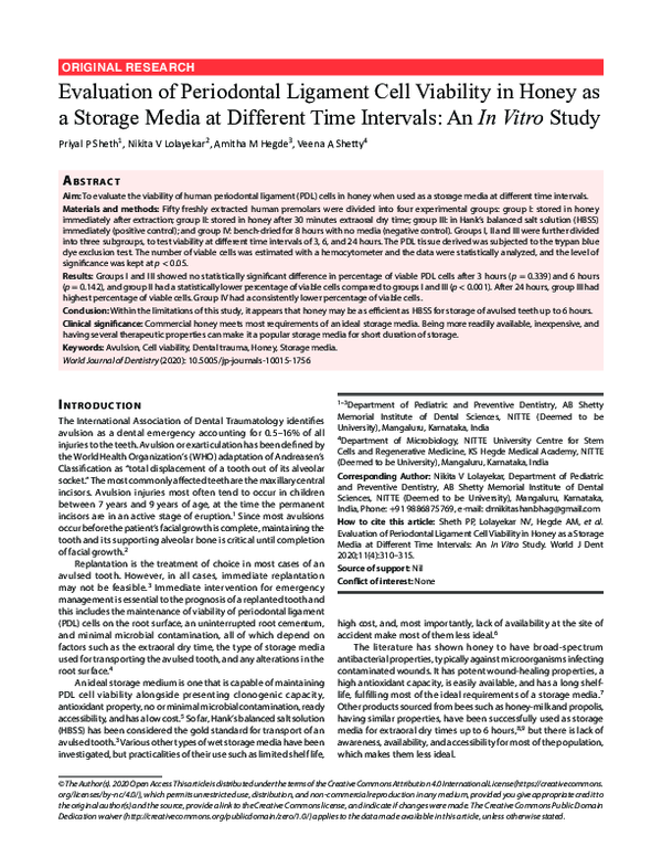 (PDF) Evaluation of Periodontal Ligament Cell Viability in Honey as a ...