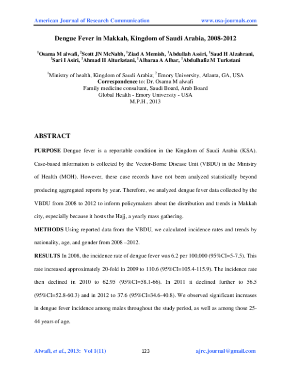 (PDF) Dengue Fever in Makkah, Kingdom of Saudi Arabia, 2008-2012