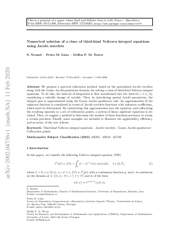 (PDF) Numerical solution of a class of third-kind Volterra integral ...