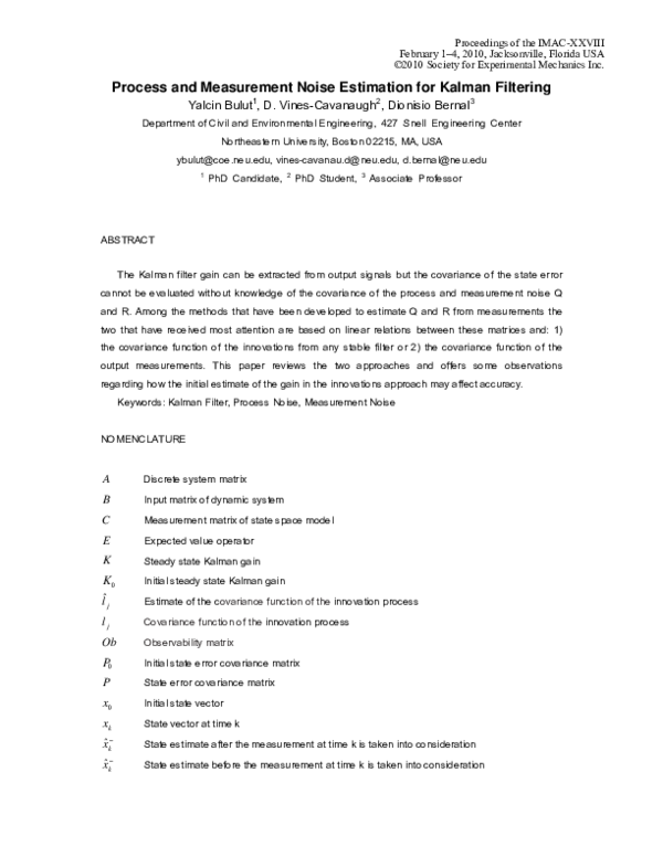 (PDF) Process and Measurement Noise Estimation for Kalman Filtering