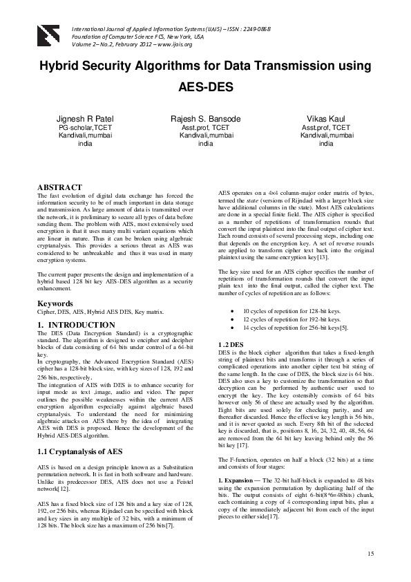 Hybrid Security Algorithms for Data Transmission using AES-DES