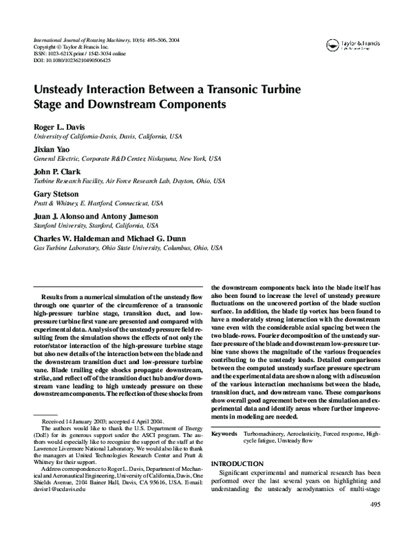 (PDF) Unsteady Interaction Between a Transonic Turbine Stage and ...