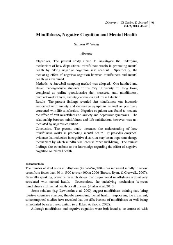 (PDF) Mindfulness, negative cognition and mental health