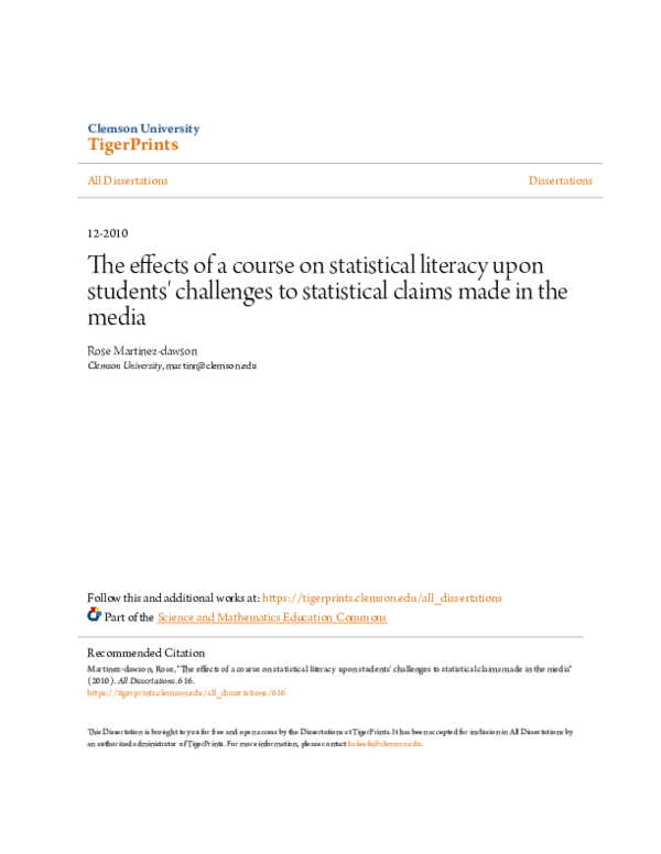 (PDF) The effects of a course on statistical literacy upon students ...