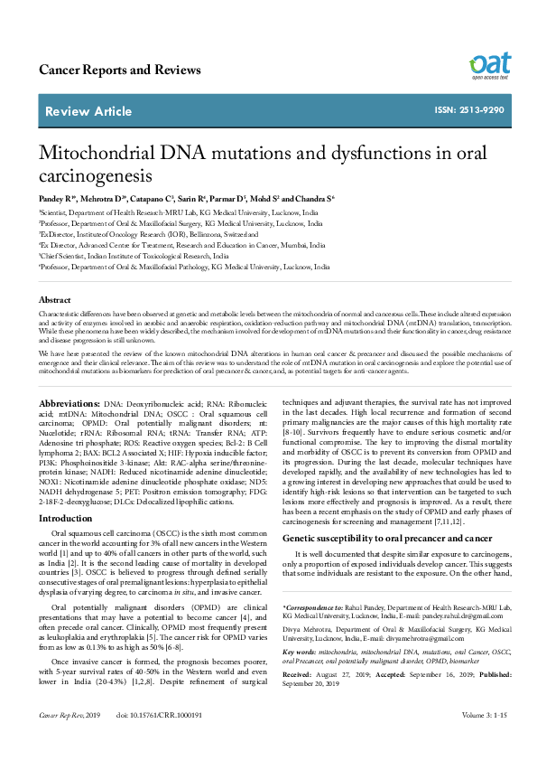 (PDF) Mitochondrial DNA mutations and dysfunctions in oral carcinogenesis