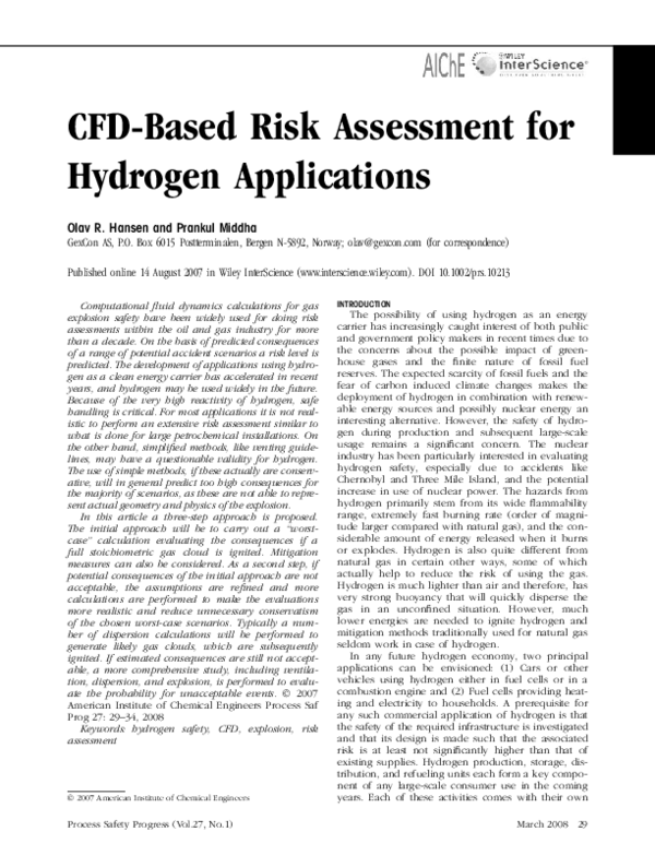 (PDF) CFD-based risk assessment for hydrogen applications