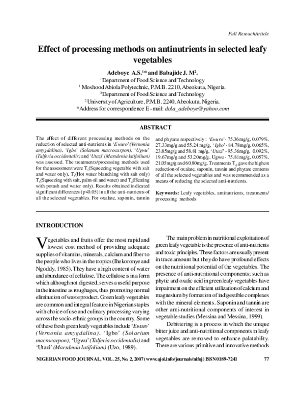(PDF) Effect of processing methods on antinutrients in selected leafy ...