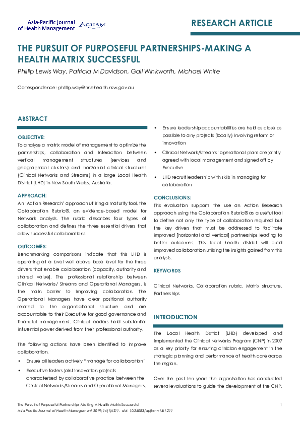 (PDF) The Pursuit of Purposeful Partnerships-Making A Health Matrix ...