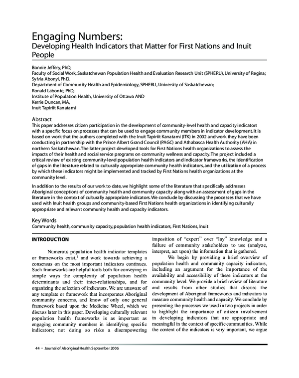 (PDF) Developing Health Indicators that Matter for First Nations and ...