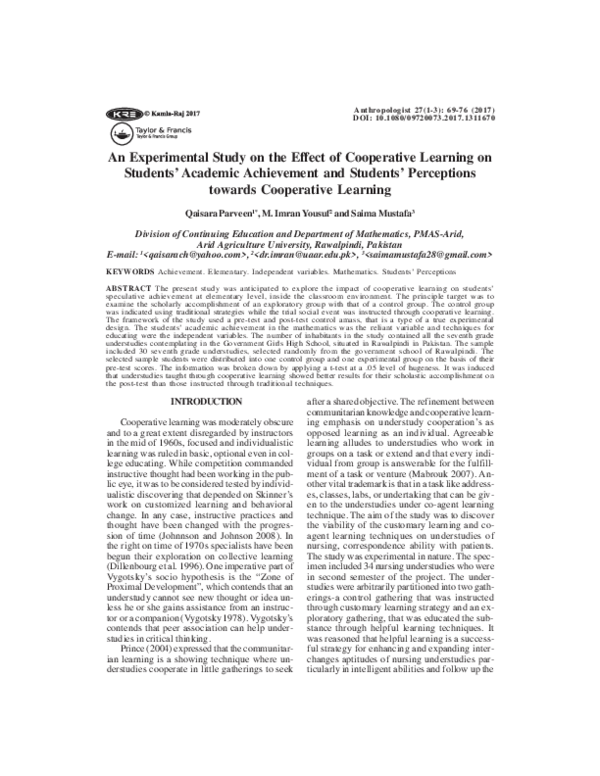 (PDF) An Experimental Study on the Effect of Cooperative Learning on ...