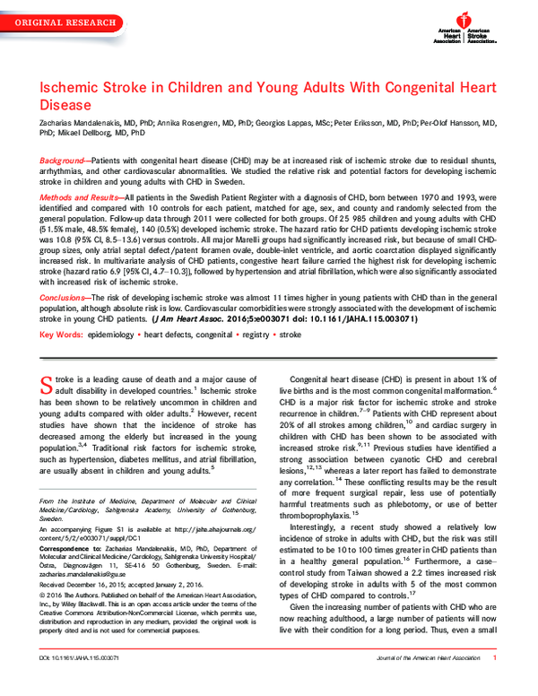 (PDF) Ischemic Stroke in Children and Young Adults With Congenital ...