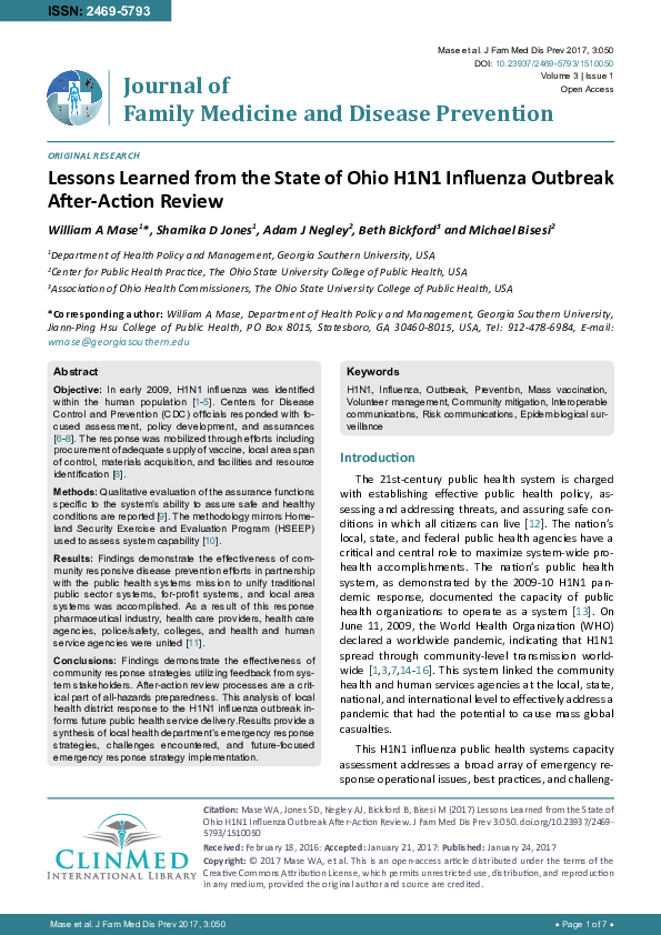 (PDF) Lessons Learned from the State of Ohio H1N1 Influenza Outbreak ...