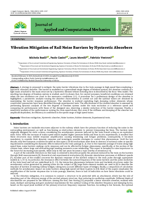 (PDF) Vibration Mitigation of Rail Noise Barriers by Hysteretic