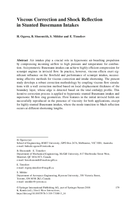 (PDF) Viscous Correction and Shock Reflection in Stunted Busemann Intakes