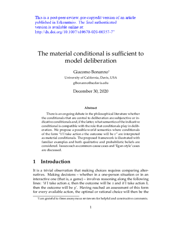 (PDF) The Material Conditional is Sufficient to Model Deliberation