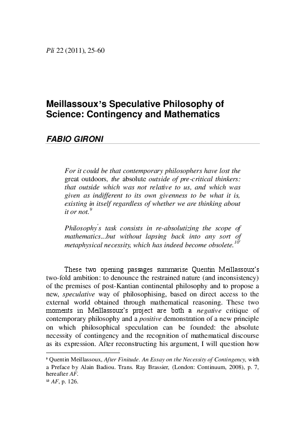 (PDF) Meillassoux's Speculative Philosophy of Science Contingency and