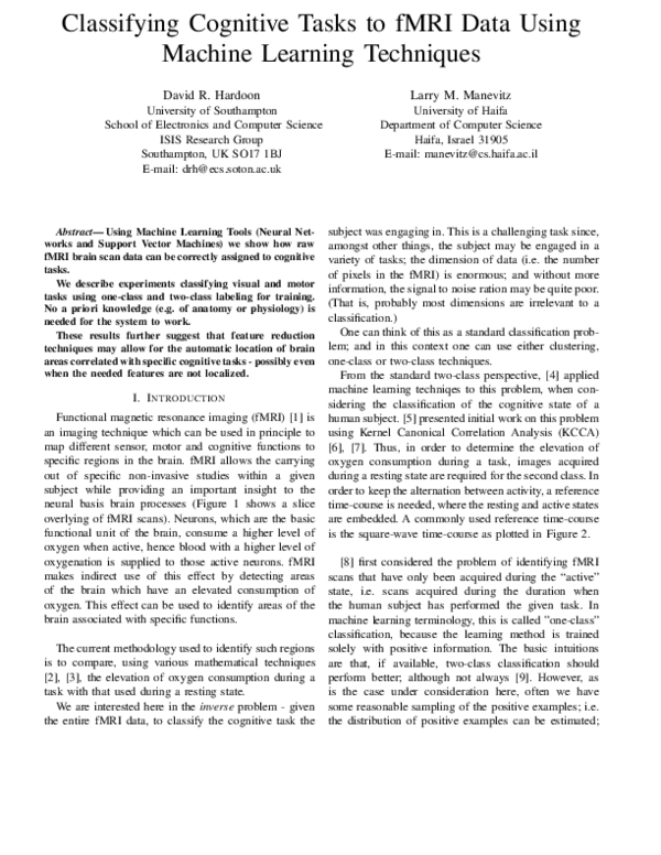 (PDF) Classifying Cognitive Tasks to fMRI Data Using Machine Learning ...