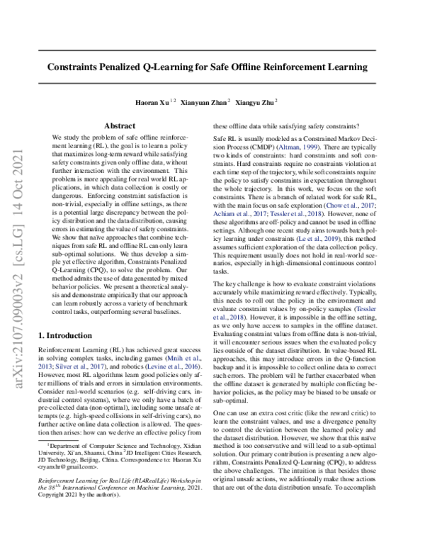 (PDF) Constraints Penalized Q-Learning for Safe Offline Reinforcement ...