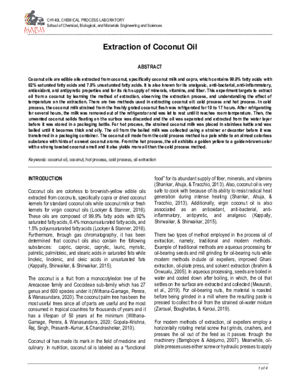 (PDF) Extraction of Coconut Oil Christian John R Castro Academia.edu
