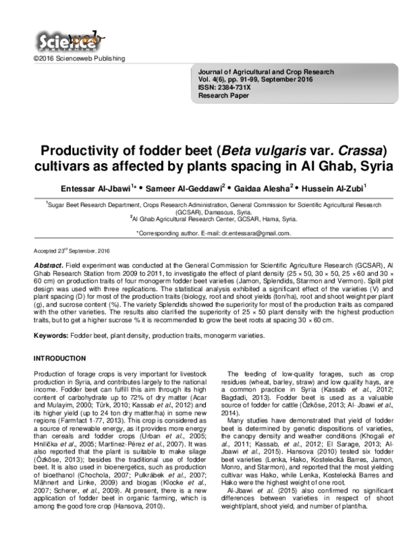 (PDF) Productivity of fodder beet (Beta vulgaris var. Crassa) cultivars ...