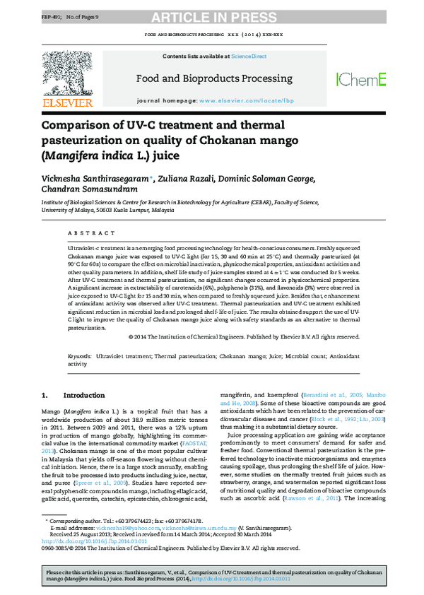 (PDF) Comparison of UV-C treatment and thermal pasteurization on ...