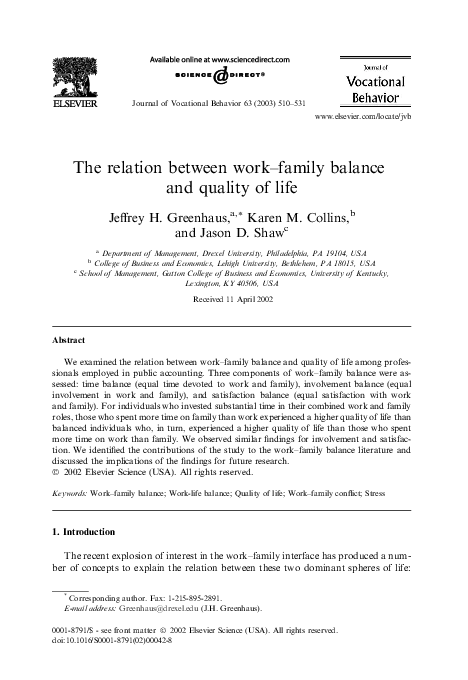 (PDF) The relation between work–family balance and quality of life