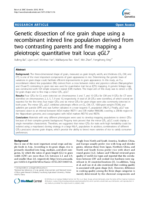 (PDF) Genetic dissection of rice grain shape using a recombinant inbred ...