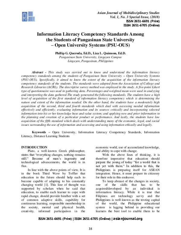 (PDF) Information Literacy Competency Standards Among the Students of ...