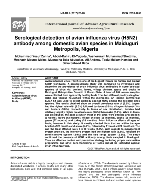 (PDF) Serological detection of avian influenza virus ( H 5 N 2 ...
