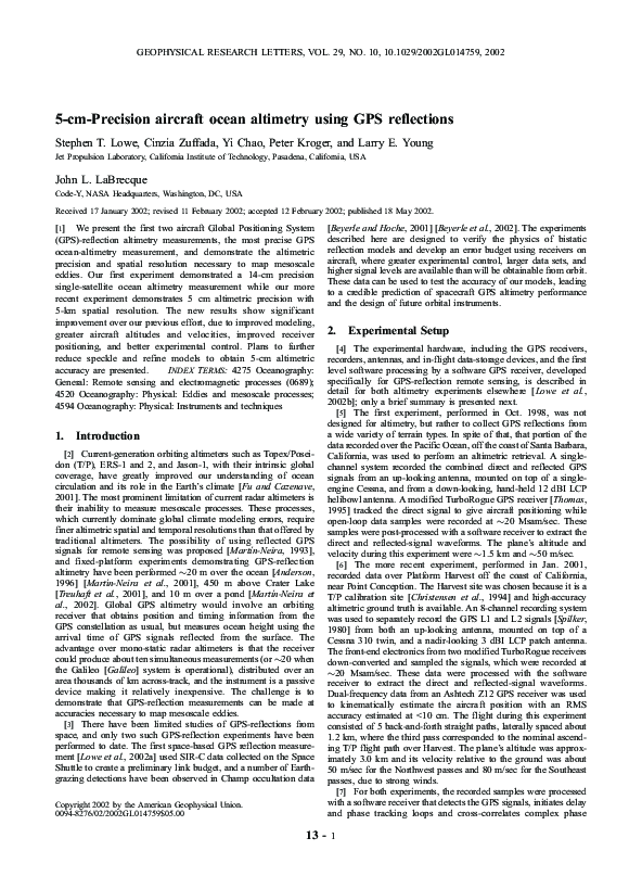 (PDF) 5cmPrecision aircraft ocean altimetry using GPS reflections