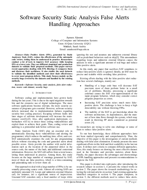 (PDF) Software Security Static Analysis False Alerts Handling Approaches
