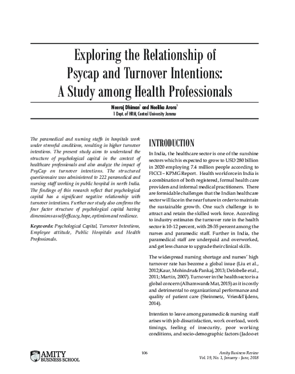 (PDF) Exploring the Relationship of Psycap and Turnover Intentions : A ...