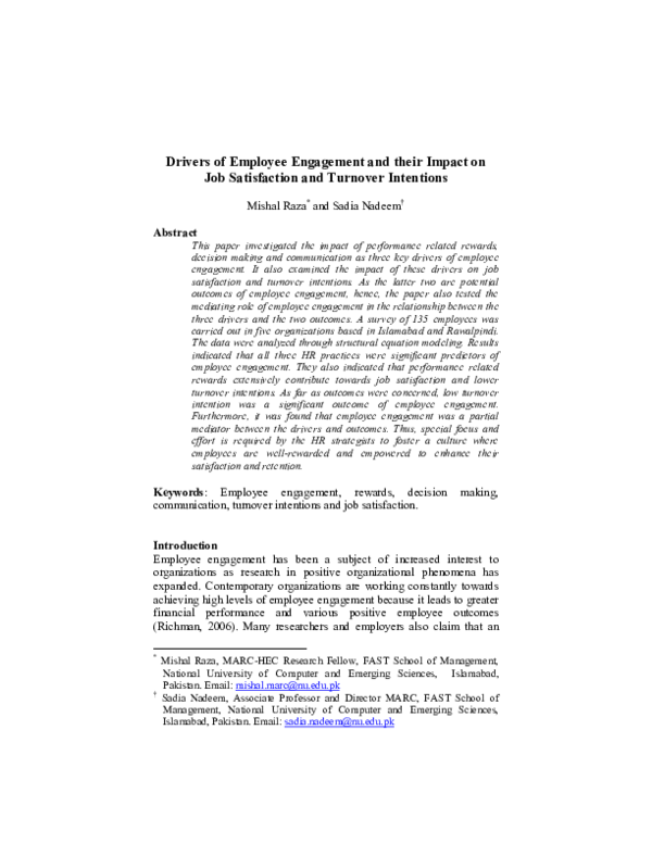 (PDF) Drivers of Employee Engagement and their Impact on Job ...