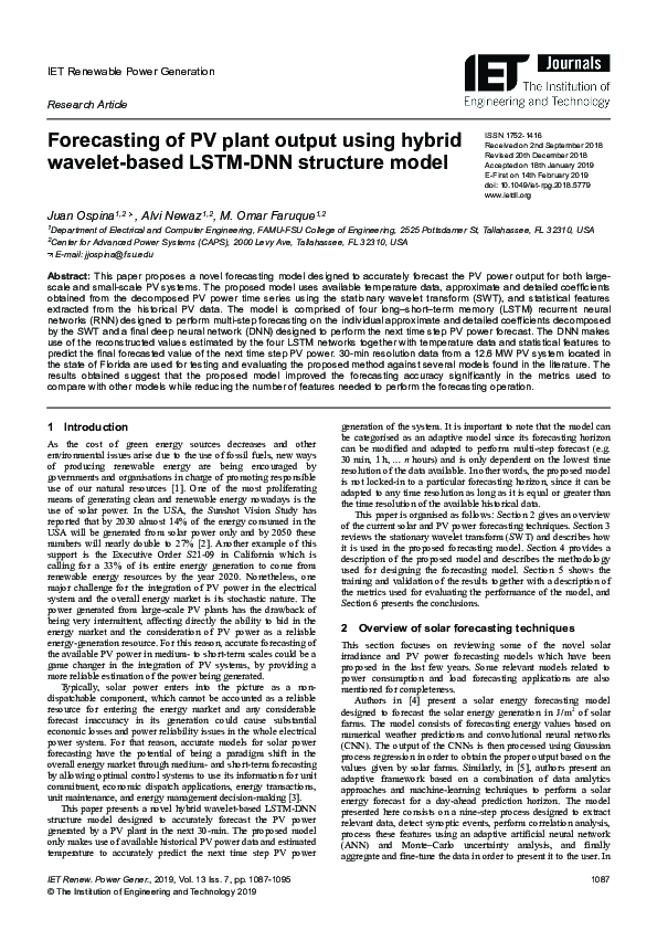 (PDF) Forecasting of PV Plant Output Using Hybrid Wavelet-Based LSTM ...