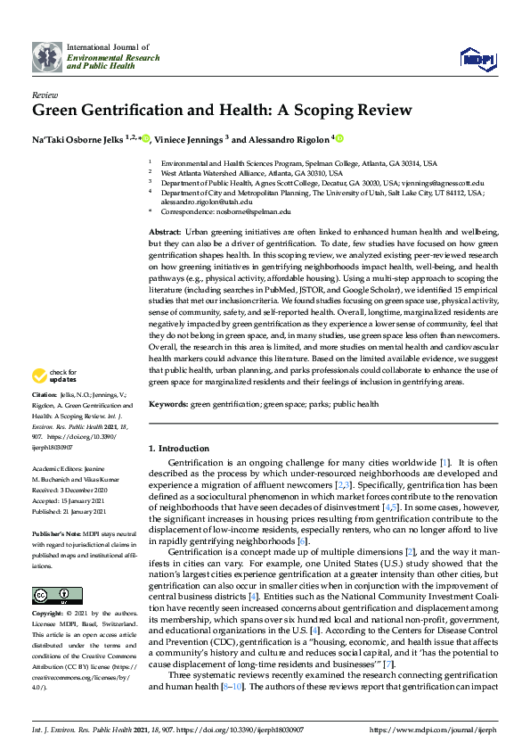 (PDF) Green Gentrification and Health: A Scoping Review
